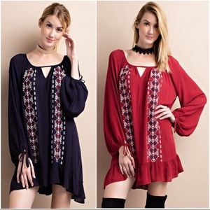 Easel Cranberry Ruffled Embroidery Tunic Dress